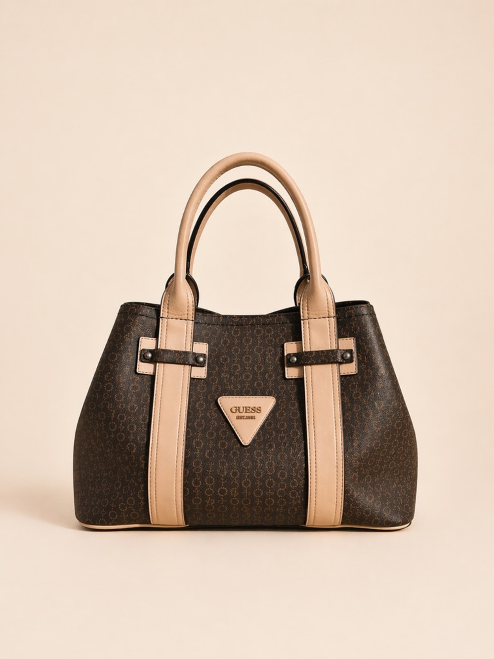GUESS Brown Monogram Satchel Bag | Tan Trim | Chic Everyday Purse